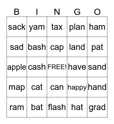 Short a Bingo Card