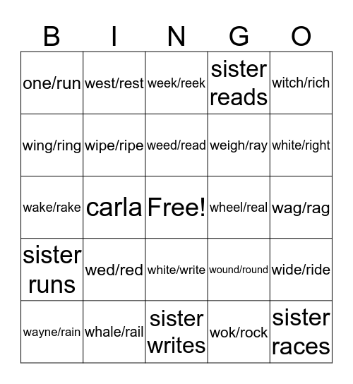 minimal pairs w/r bingo Card