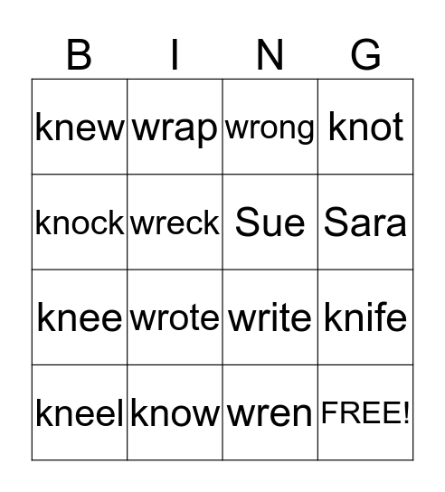 kn and wr words Bingo Card