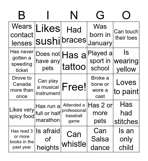 Make-A-Wish Bingo Card