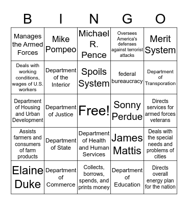 The President's Cabinet and Federal Bureaucracy Bingo Card