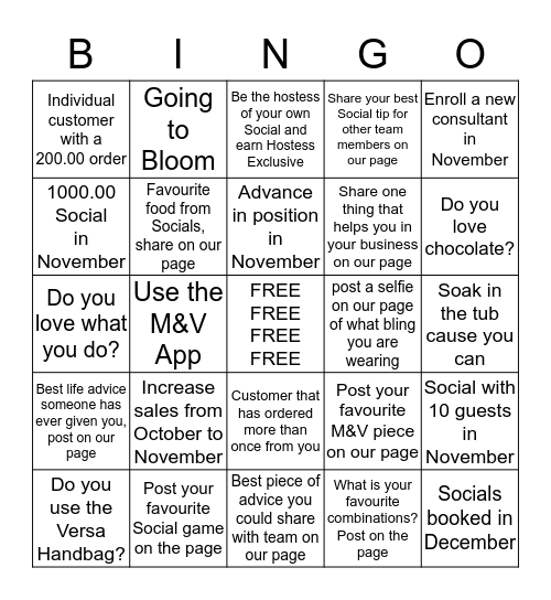 NOVEMBER Dream Chaser Challenge Bingo Card