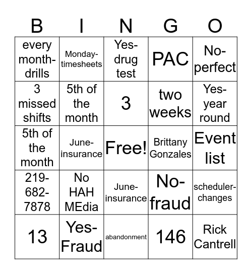 In-service Bingo Card