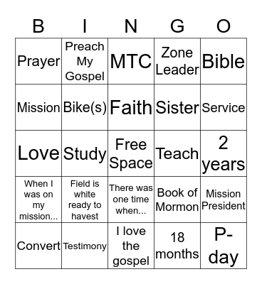 Missionary Bingo Card