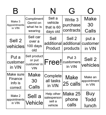 Sales BINGO Card