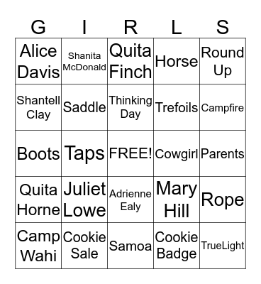 Girl Scout Western Bingo Card