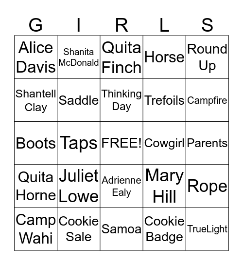 Girl Scout Western Bingo Card