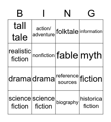 Genre Cards Bingo Card