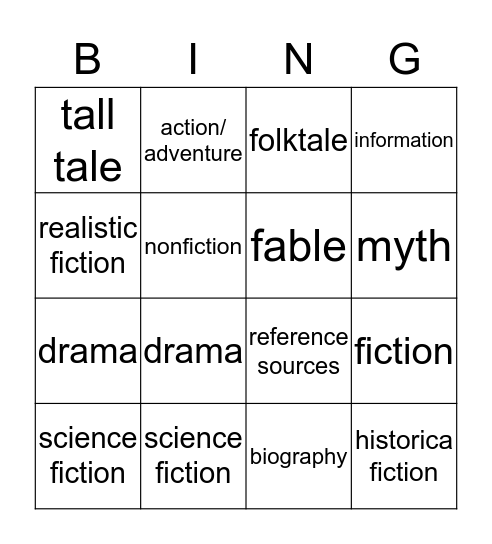 Genre Cards Bingo Card