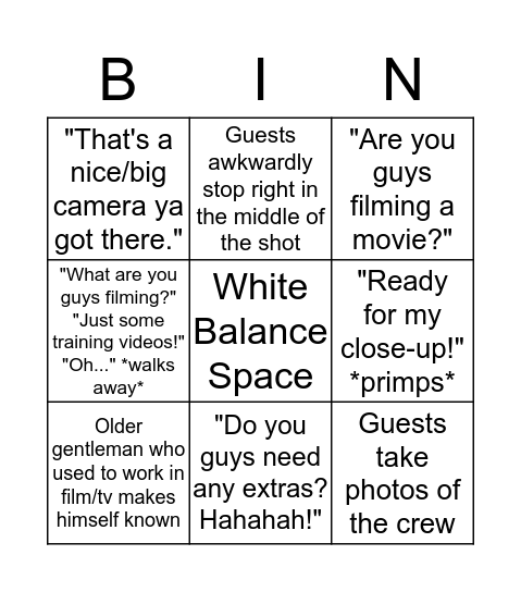 Video Shoot  Bingo Card