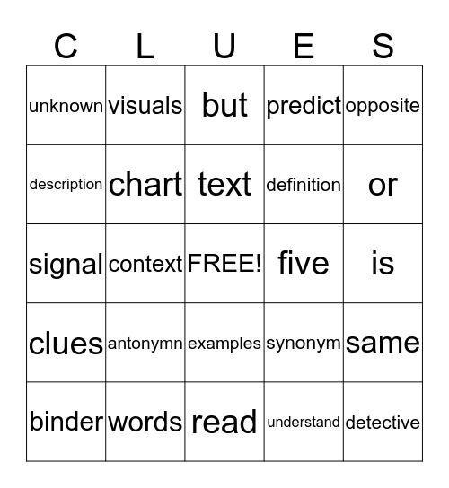 Context Clue Bingo Card