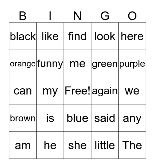 Sight Word Order---1 Bingo Card