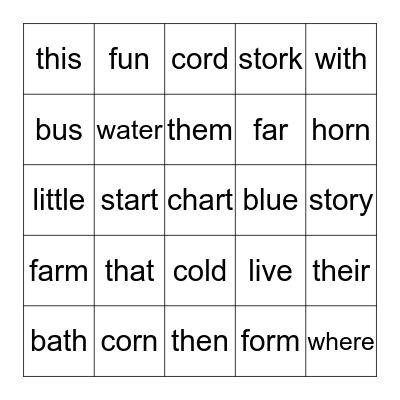 Lesson 11 th, sight words, ar, and or Bingo Card