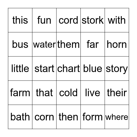 Lesson 11 th, sight words, ar, and or Bingo Card