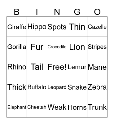 Wild Animals  Bingo Card