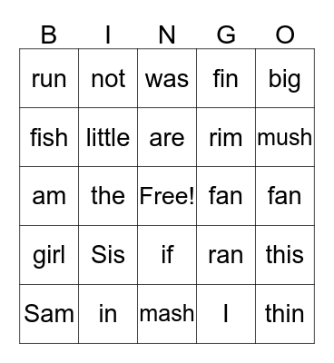 Sight and Phonic Words Bingo Card