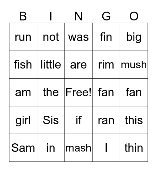 Sight and Phonic Words Bingo Card