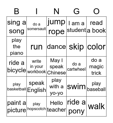 English Actions BINGO Card