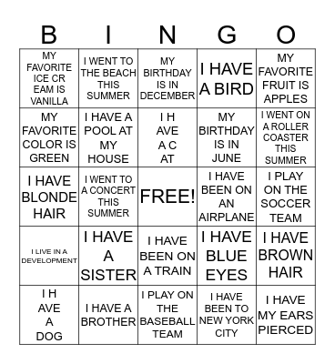 GETTING TO KNOW YOU BINGO Card