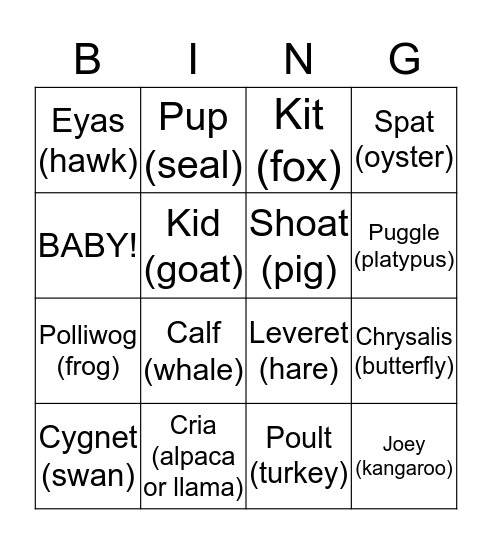 Obscure Baby Animal Names: Baby Shower Bingo! Bingo Card