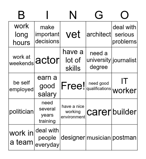PET Unit 5 Words Bingo Card