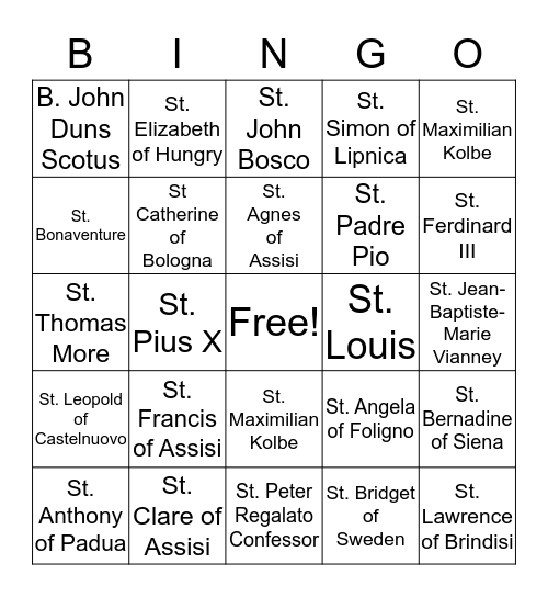 Francisican Saints Bingo Card