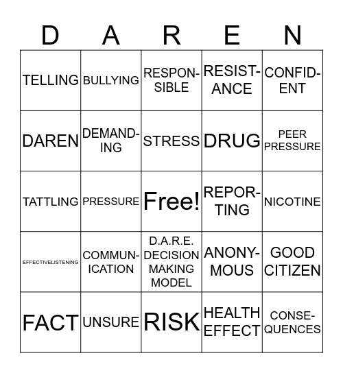 D.A.R.E. BINGO Card