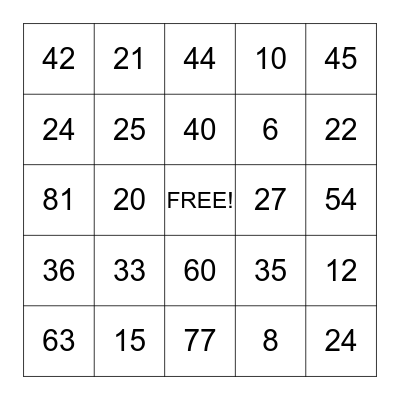 Multiplication Bingo Card