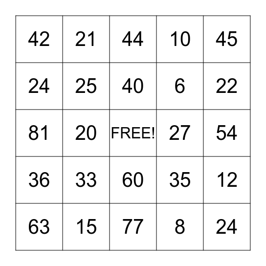 Multiplication Bingo Card
