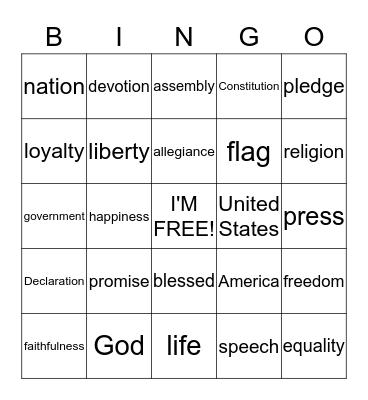 One Nation Under God Bingo Card