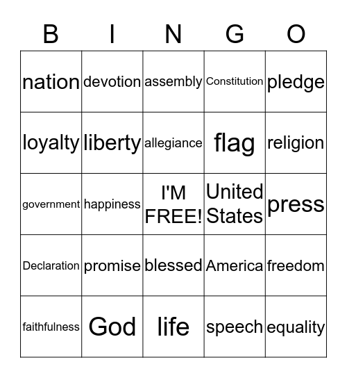 One Nation Under God Bingo Card