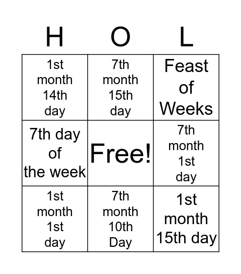 Holy Days  Bingo Card