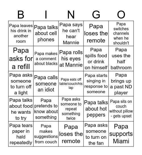 Papa Bingo Card