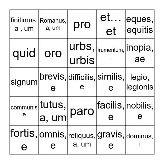 Latin Week 13 Bingo Card