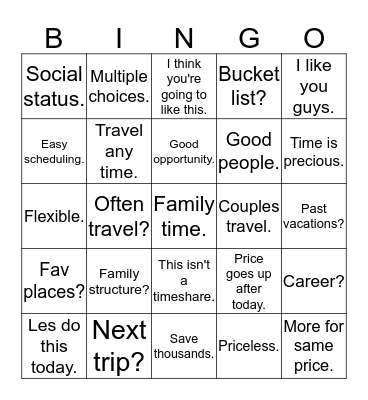 Timeshare Bingo Card