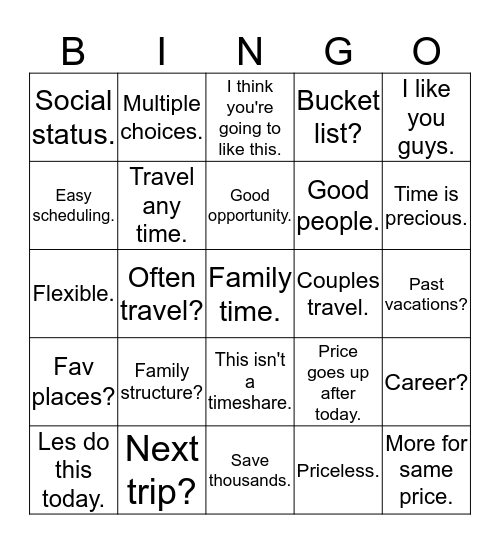 Timeshare Bingo Card