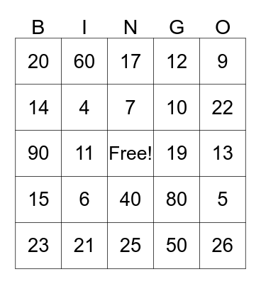 Number Bingo Card