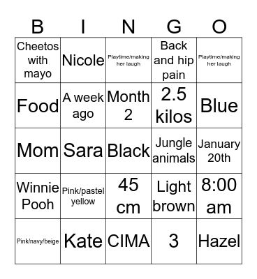 BABY! Bingo Card