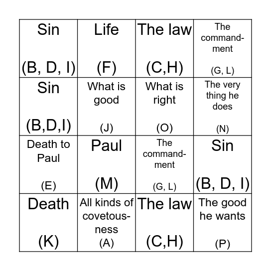 Romans 7:08-7:19 Bingo Card