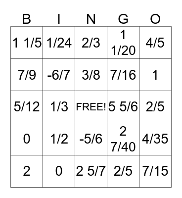 Fraction Bingo! Bingo Card