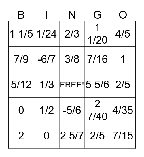 Fraction Bingo! Bingo Card