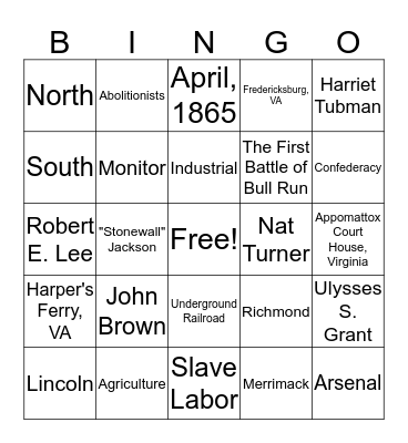 Civil War Review Bingo Card