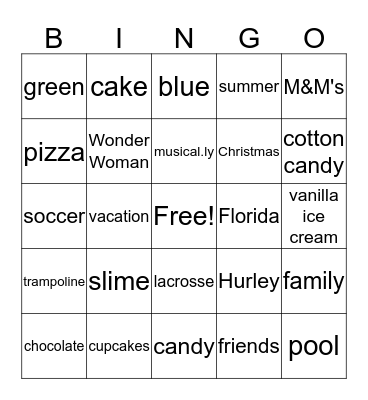 Rebecca's Favorite Things Bingo Card