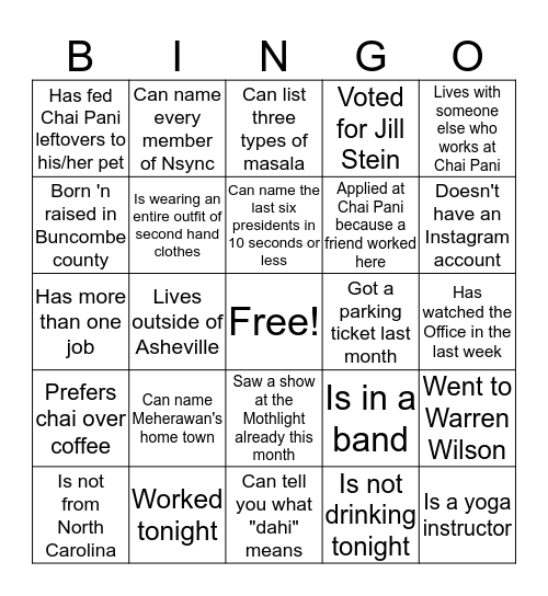 CHAI PANI BINGO Card