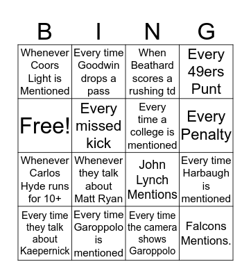 49ers Drinking Game.  Bingo Card