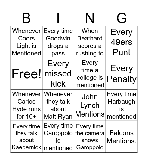 49ers Drinking Game.  Bingo Card