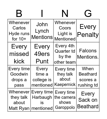 49ers Drinking Game.  Bingo Card