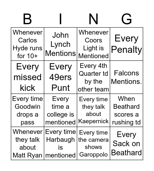 49ers Drinking Game.  Bingo Card