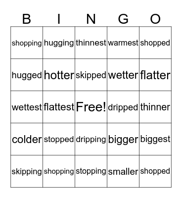 ed, ing, er, est Bingo Card