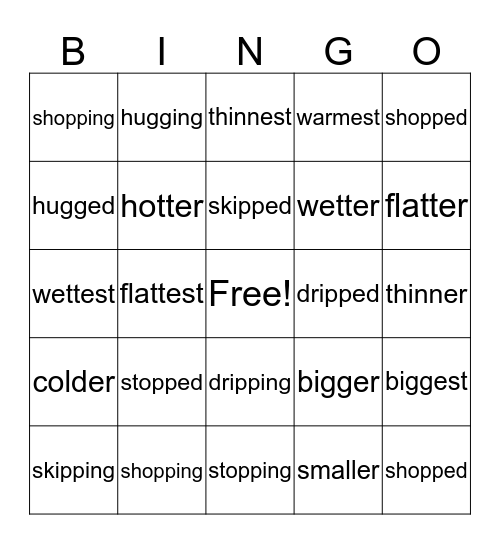 ed, ing, er, est Bingo Card